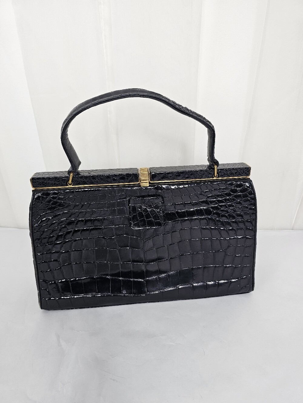 Vintage Rendl New York 1960s Original Black Alligator Top Handle Frame Bag
